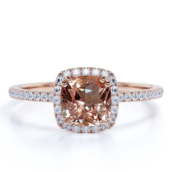 JeenMata 1.75 Carat Cushion Cut created morganite and Moissanite Halo Engagement Ring On 18K Rose Gold Over Silver