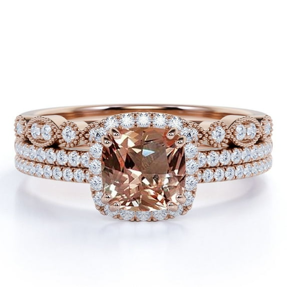 JeenMata 1.75 Carat Cushion Cut created morganite and Moissanite Trio Wedding Ring Set in Rose Gold
