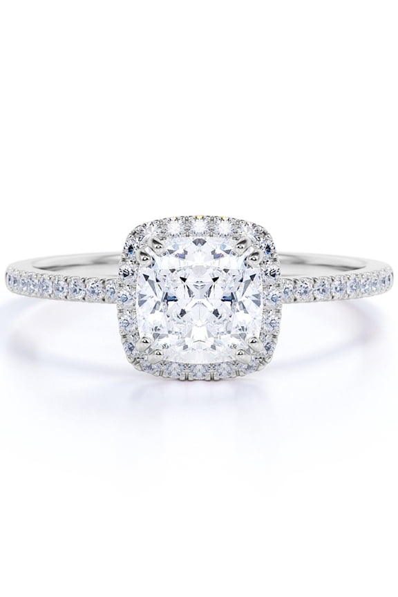 1.75 Carat Cushion cut Moissanite Halo Wedding Ring in 18k White Gold Over Silver