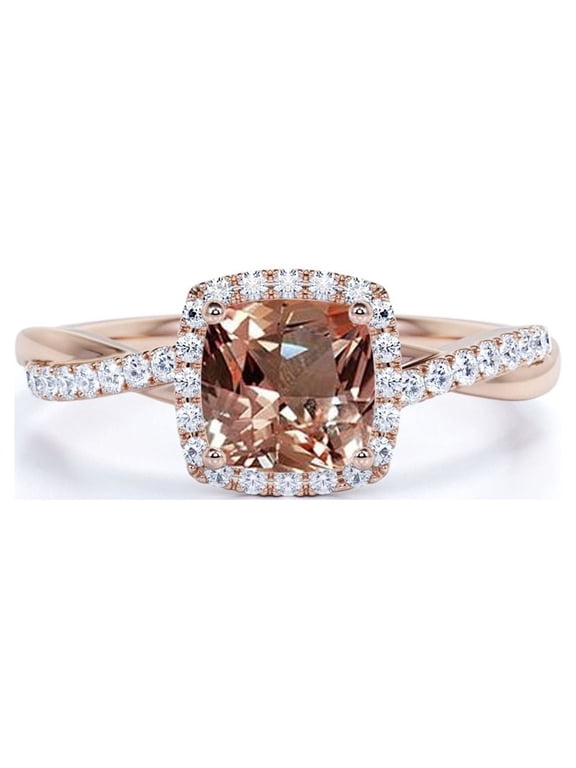 1.75 Carat Cushion cut created morganite and Moissanite Engagement Ring in 18k Gold Over Sterling Silver