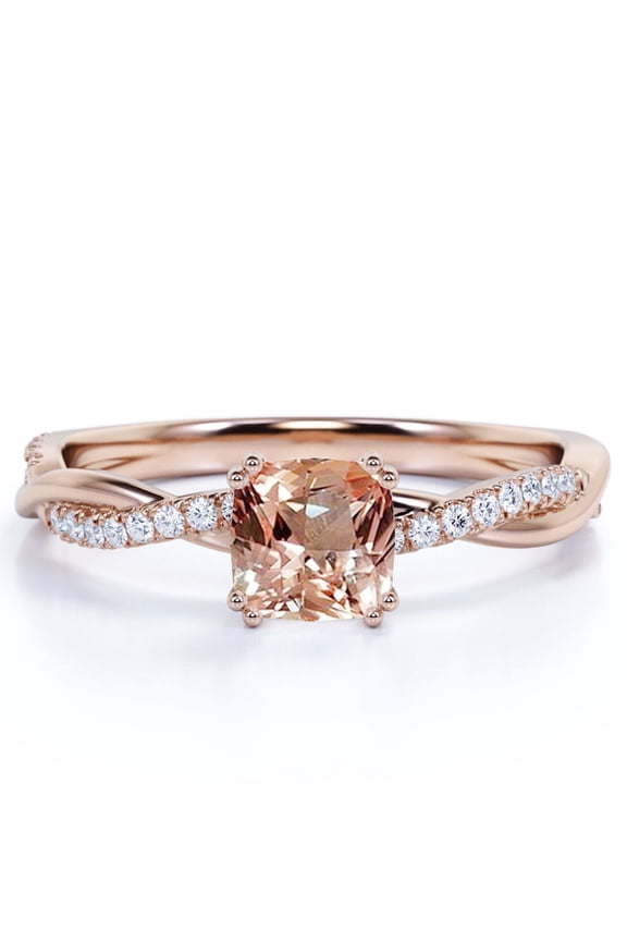 1.75 Carat Cushion cut created morganite and Moissanite Engagement Ring in 18k Rose Gold Over Silver
