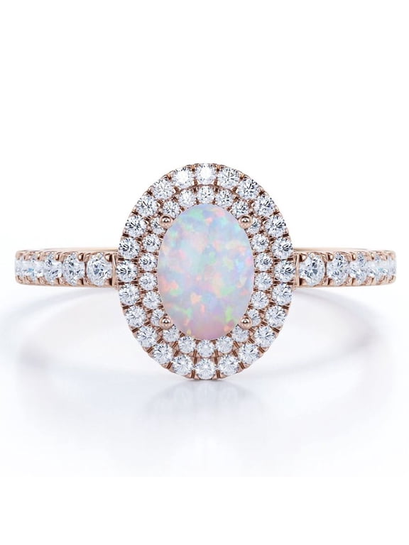1.75 Carat Egg Shape Ethiopian Opal and Moissanite - Pave Set - Double Halo Cluster Engagement Ring - 18K Rose Gold Plating over Silver