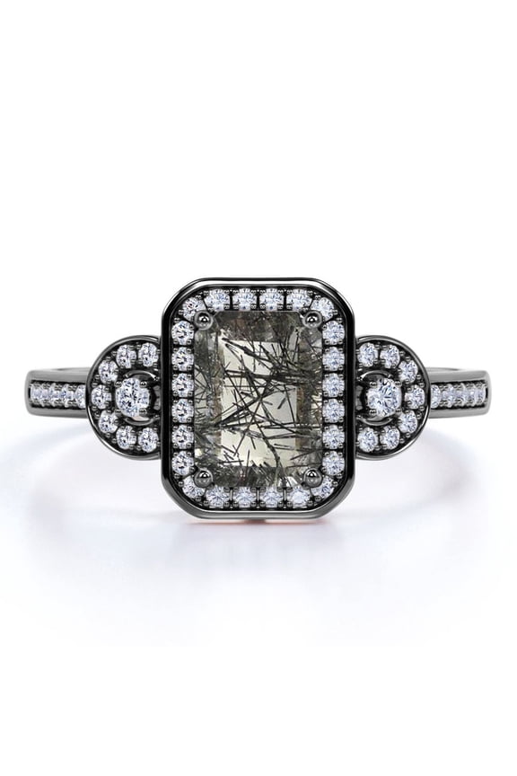 1.75 Carat - Emerald Cut Black Rutile Quartz - Moissanite Trilogy Halo - Channel Pave Engagement Ring - 18K Black Gold Plating Over Silver