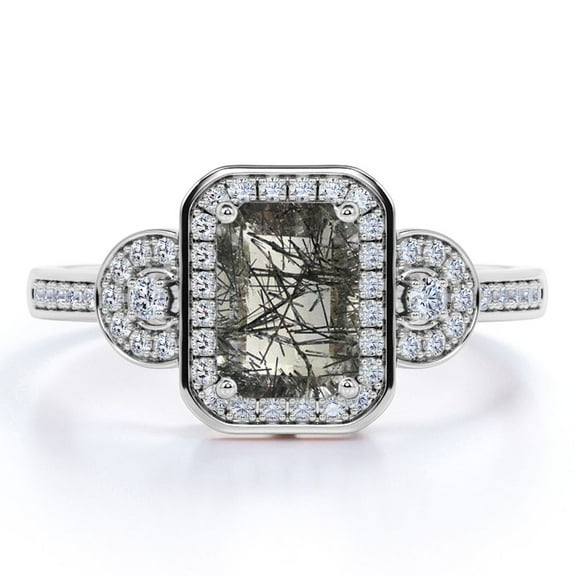 JeenMata 1.75 Carat - Emerald Cut Black Rutile Quartz - Moissanite Trilogy Halo - Channel Pave Engagement Ring - 18K White Gold Plating Over Silver