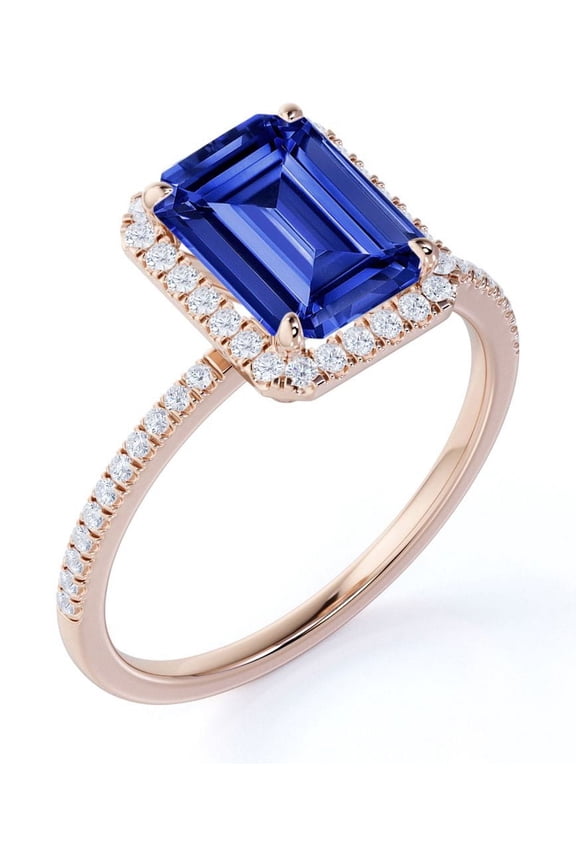 1.75 Carat Emerald Cut Cornflower Simulated Sapphire Engagement Ring in 18k Rose Gold over Silver