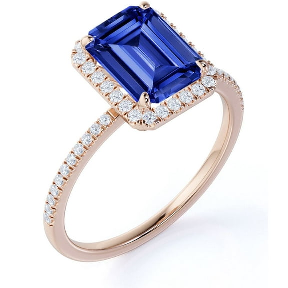 JeenMata 1.75 Carat Emerald Cut Cornflower Simulated Sapphire Engagement Ring in 18k Rose Gold over Silver