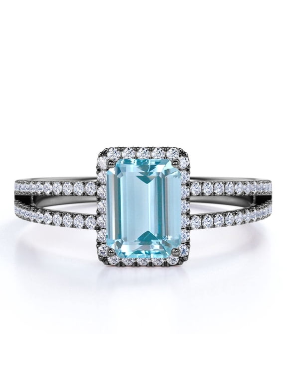 1.75 Carat Emerald Cut Lab Created Aquamarine and Moissanite Engagement Ring - Halo - Split Shank - in 18K Black Gold over Silver