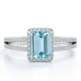 thumbnail image 1 of JeenMata 1.75 Carat Emerald Cut Lab Created Aquamarine and Moissanite Engagement Ring - Halo - Split Shank - in 18K White Gold over Silver, 1 of 5