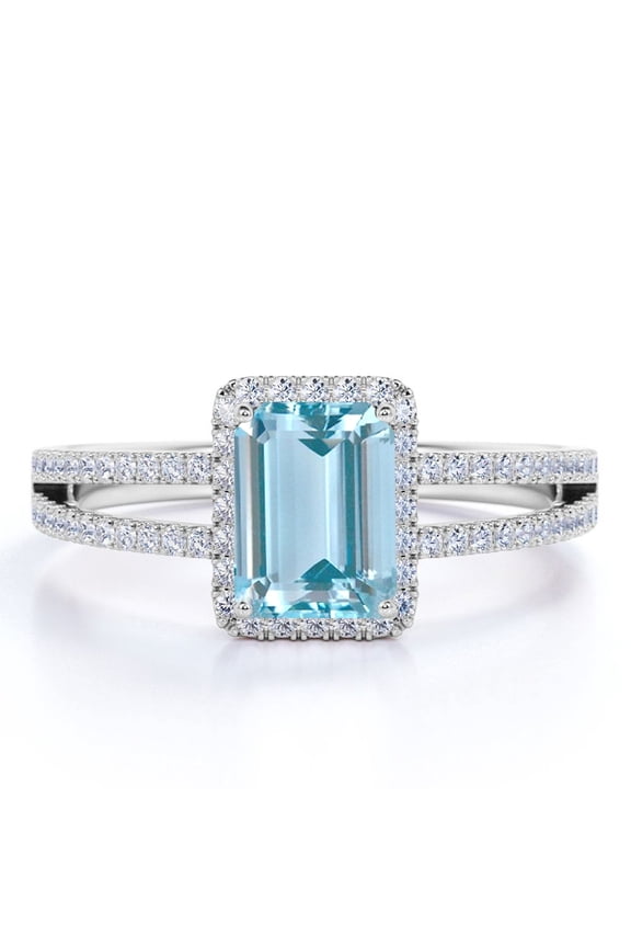 1.75 Carat Emerald Cut Lab Created Aquamarine and Moissanite Engagement Ring - Halo - Split Shank - in 18K White Gold over Silver