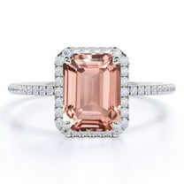 JeenMata 1.75 Carat Emerald Cut Lab created morganite and Moissanite - Prong Set - Pave Setting - Halo Engagement Ring - 18K White Gold Plating over Silver