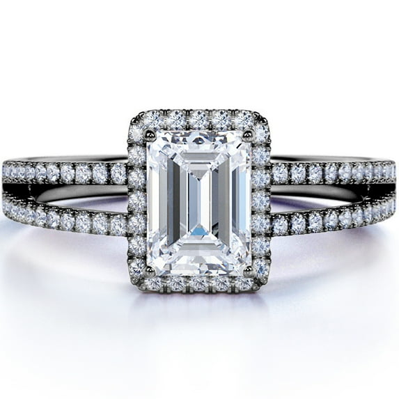 JeenMata 1.75 Carat Emerald Cut Moissanite Engagement Ring - Halo - Split Shank - in 18K Black Gold over Silver