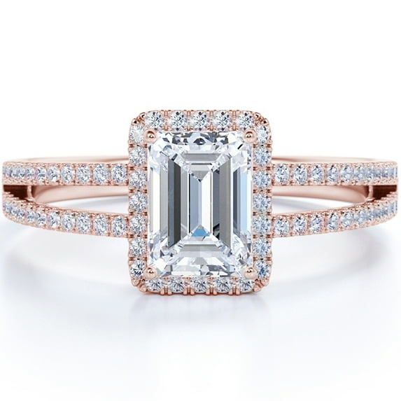 JeenMata 1.75 Carat Emerald Cut Moissanite Engagement Ring - Halo - Split Shank - in 18K Rose Gold over Silver