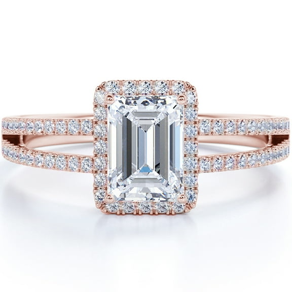 JeenMata 1.75 Carat Emerald Cut Moissanite Engagement Ring - Halo - Split Shank - in 18K Rose Gold over Silver
