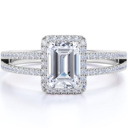 JeenMata 1.75 Carat Emerald Cut Moissanite Engagement Ring - Halo - Split Shank - in 18K White Gold over Silver
