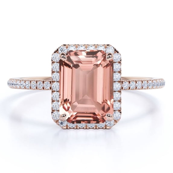 JeenMata 1.75 Carat Emerald Cut Peach Pink Created Morganite Halo Engagement Ring in 18K Rose Gold over Silver