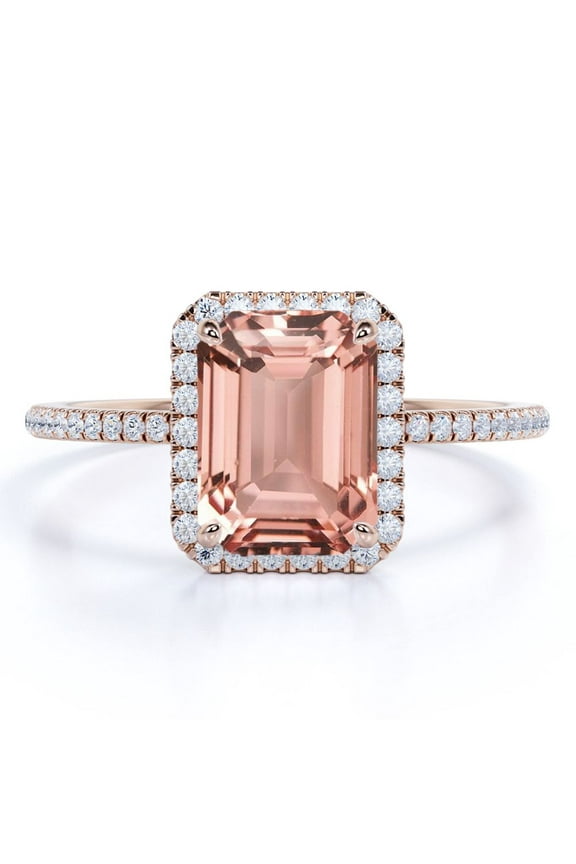 1.75 Carat Emerald Cut Peach Pink Created Morganite Halo Engagement Ring in 18K Rose Gold over Silver