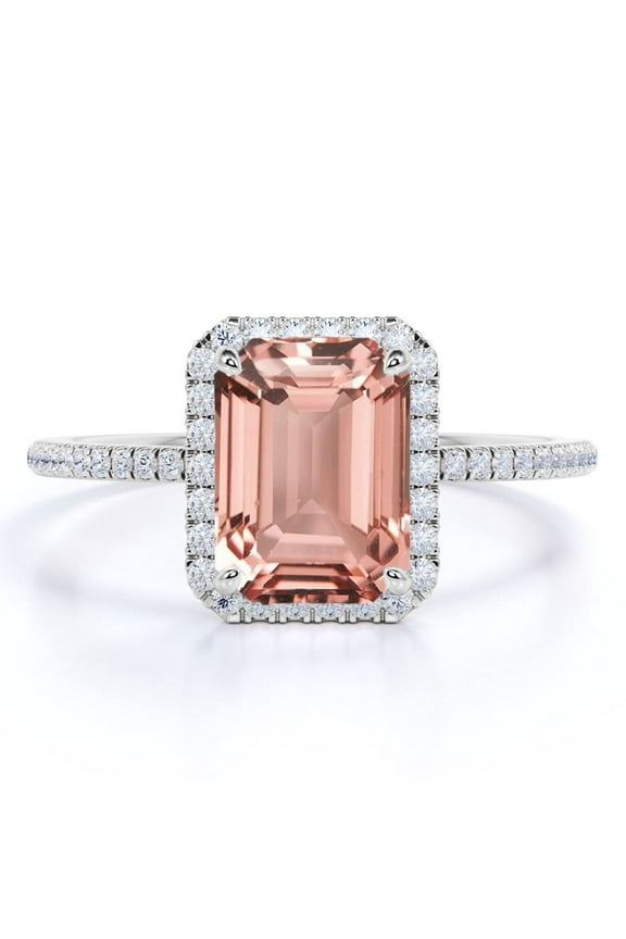 1.75 Carat Emerald Cut Peach Pink Created Morganite Halo Engagement Ring in 18k White Gold over Silver
