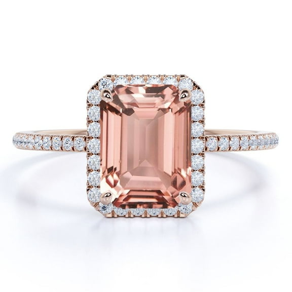 JeenMata 1.75 Carat Emerald Cut created morganite Halo Engagement Ring in 18k Rose Gold over Silver