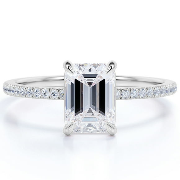 JeenMata 1.75 Carat Emerald cut Solitaire Engagement Ring in 18K White Gold Over Silver