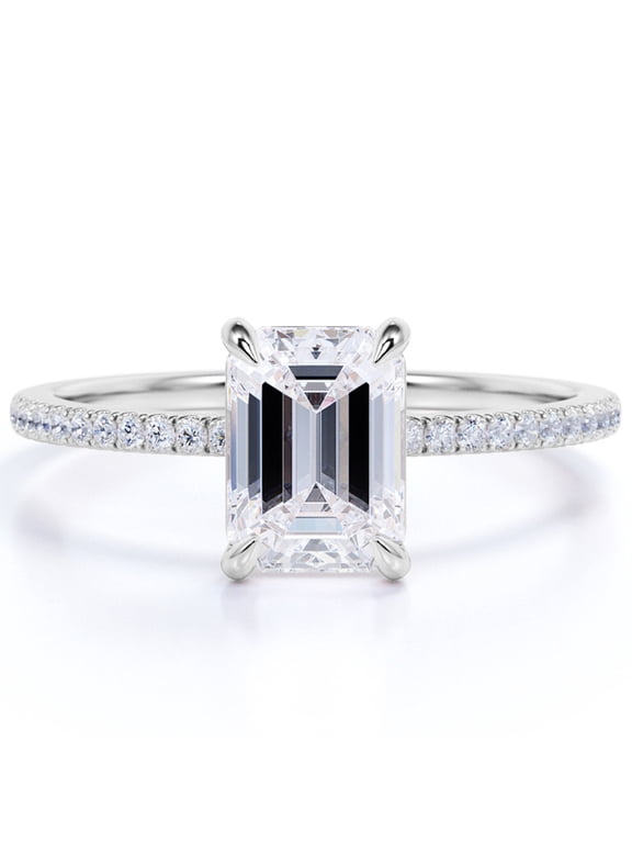 3.25 Carat Emerald cut Solitaire Engagement Ring in 18K White Gold Over Silver
