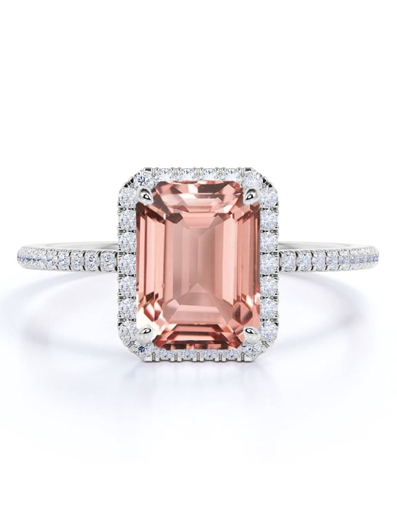 1.75 Carat Emerald cut created morganite and Moissanite Engagement Ring in 18k Gold Over Sterling Silver