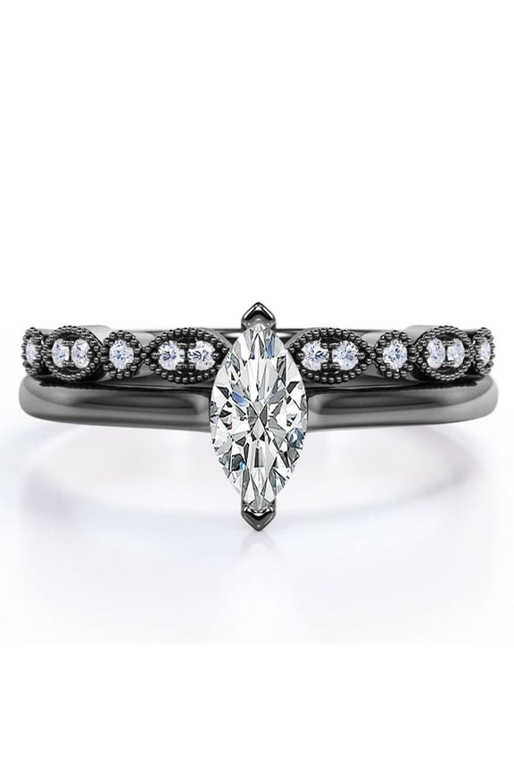 1.75 Carat Marquise Cut Solitaire Ring - Art Deco Scalloped Wedding Set - 18K Black Gold Plating over Silver