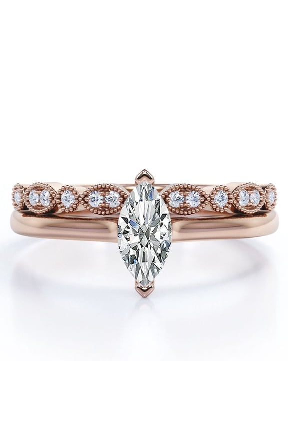 1.75 Carat Marquise Cut Solitaire Ring - Art Deco Scalloped Wedding Set - 18K Rose Gold Plating over Silver