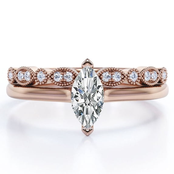 JeenMata 1.75 Carat Marquise Cut Solitaire Ring - Art Deco Scalloped Wedding Set - 18K Rose Gold Plating over Silver