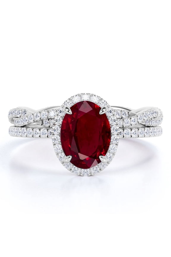 1.75 Carat Oval Burmese Lab Created Ruby Bridal Ring Set - July Birthstone Ring - 18k White Gold over Silver