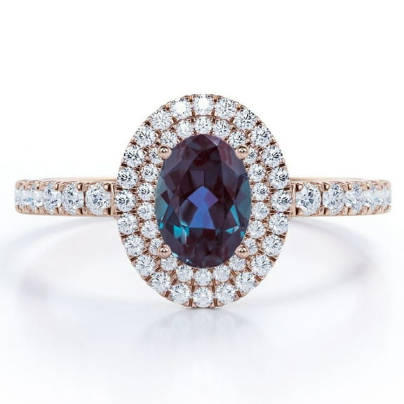 JeenMata 1.75 Carat Oval Cut Created Alexandrite and Moissanite - Double Halo - Pave Accented Engagement Ring - 18K Rose Gold Plating over Silver