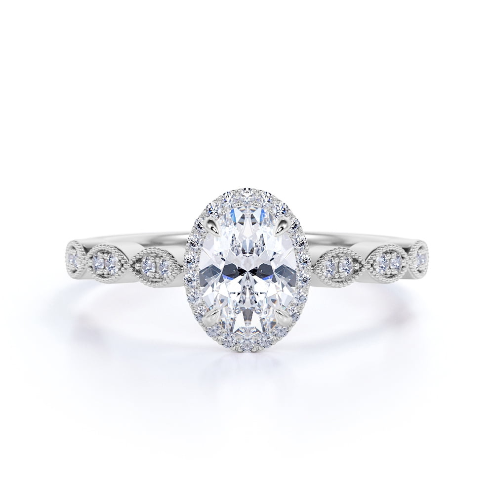 JeenMata 1.75 Carat Oval Cut Moissanite Engagement Ring - Bridal Set - Cluster Ring - Halo Ring - Floral Ring - 18k White Gold Over Silver