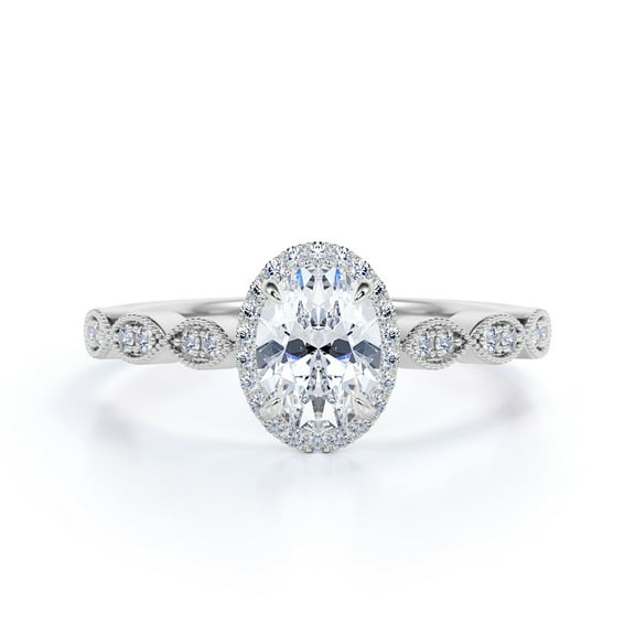 JeenMata 1.75 Carat Oval Cut Moissanite Engagement Ring - Bridal Set - Cluster Ring - Halo Ring - Floral Ring - 18k White Gold Over Silver