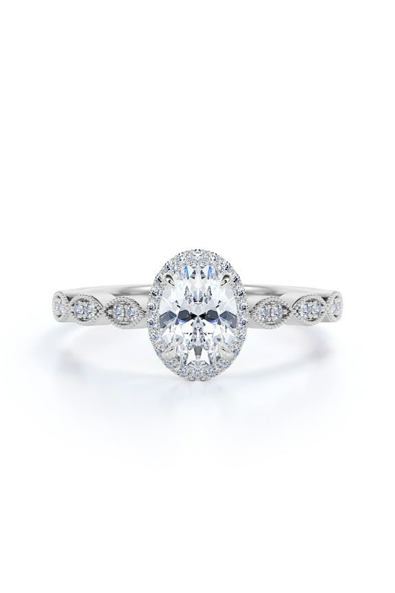 1.75 Carat Oval Cut Moissanite Engagement Ring - Bridal Set - Cluster Ring - Halo Ring - Floral Ring - 18k White Gold Over Silver