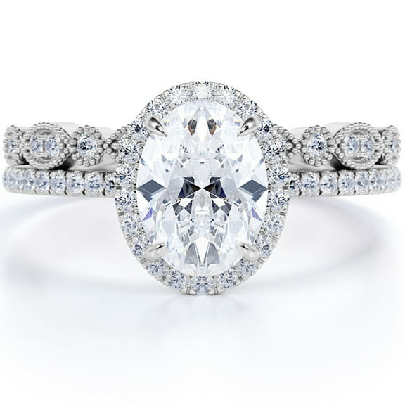 JeenMata 1.75 Carat Oval Cut Moissanite Wedding Set with Art Deco Band in 18k White Gold Over Silver
