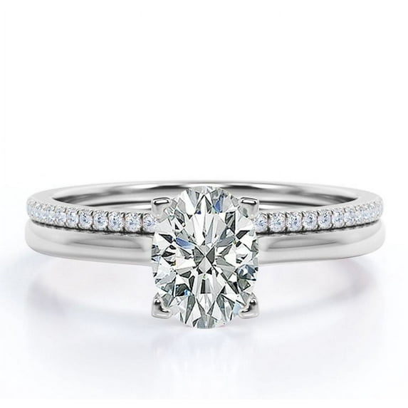 JeenMata 1.25 Carat Oval Cut - Pave Accented Shank - Prong - Wedding Ring Set - 18K White Gold Plating over Silver (CUSTOMIZE YOUR WEDDING RING BAND)