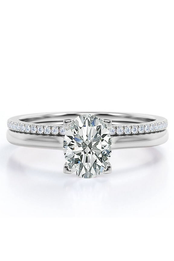 1.25 Carat Oval Cut - Pave Accented Shank - Prong - Wedding Ring Set - 18K White Gold Plating over Silver (CUSTOMIZE YOUR WEDDING RING BAND)