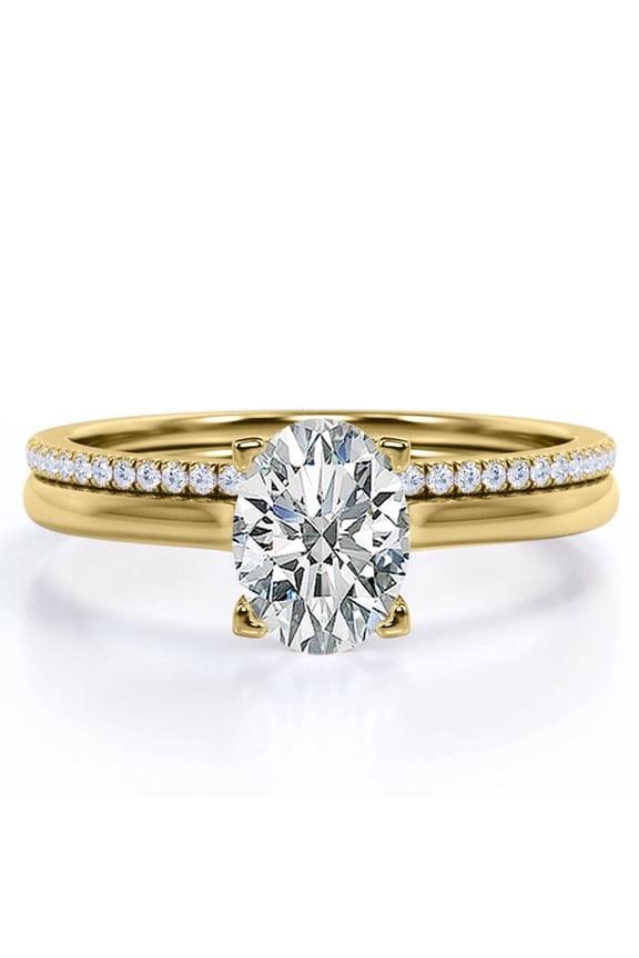 1.25 Carat Oval Cut - Pave Accented Shank - Prong - Wedding Ring Set - 18K Yellow Gold Plating over Silver (CUSTOMIZE YOUR WEDDING RING BAND)