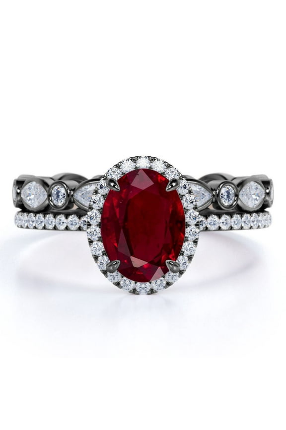 1.75 Carat Oval Gothic Birthstone Lab Created Ruby Wedding Set in 18k Black Gold over Silver