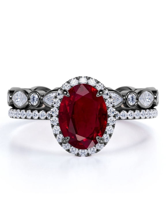 1.75 Carat Oval Gothic Birthstone Lab Created Ruby Wedding Set in 18k Black Gold over Silver