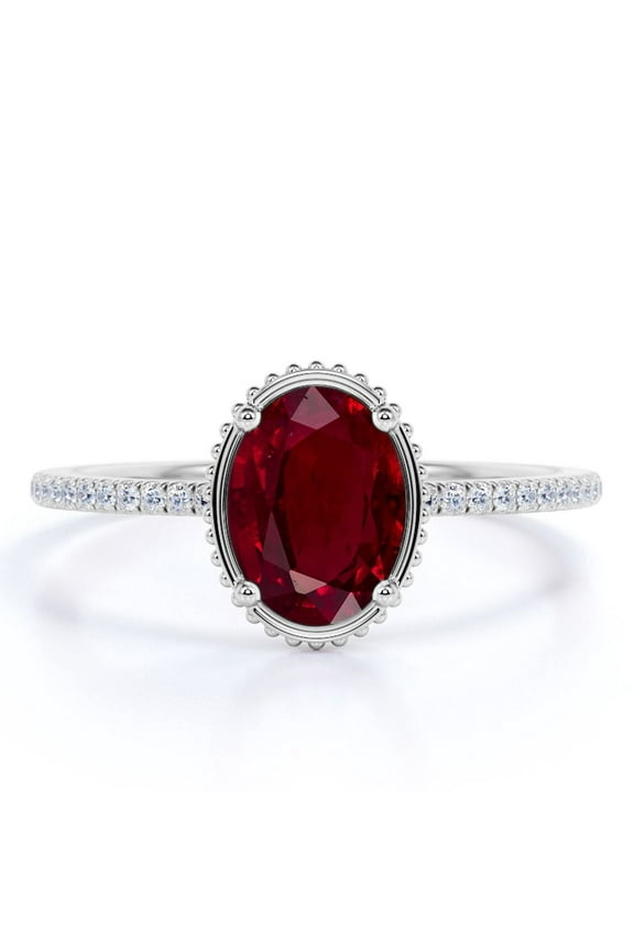1.75 Carat Oval Pigeon Blood Lab Created Ruby Engagement Ring - Antique Ring - 18k White Gold over Silver