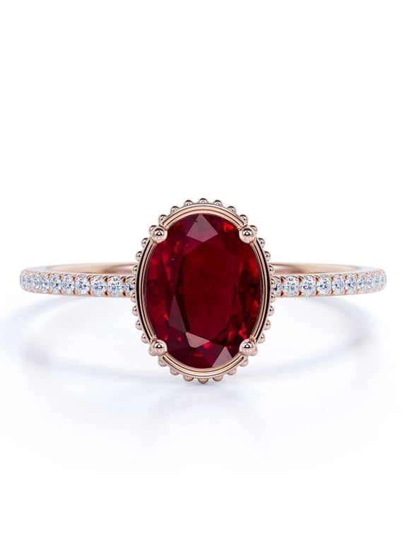 1.75 Carat Oval Pigeon Blood Lab Created Ruby Wedding Ring - Birthstone Ring - 18k Rose Gold over Silver