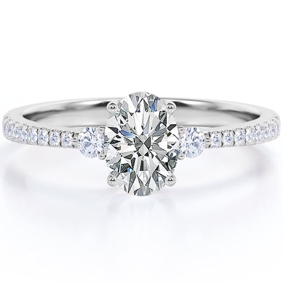 JeenMata 1 Carat Lab Grown Diamond Oval Cut - Three Stone Engagement Ring 10K White Gold Pave Accented Bridal Jewelry for Women Adult