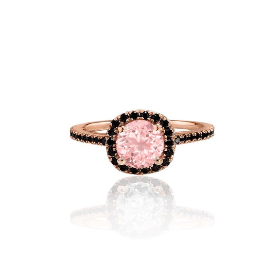 JeenMata 1.75 Carat Peach Pink created morganite (Round cut created morganite) and Black Diamond Engagement Ring in 10k Rose Gold for Women