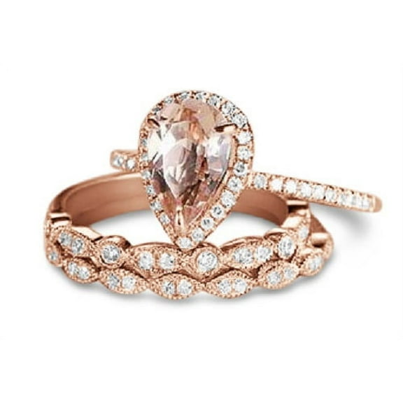 JeenMata 1.75 Carat Pear Cut Lab Created Morganite Art Deco Trio Bridal Set in 18k Rose Gold over Silver