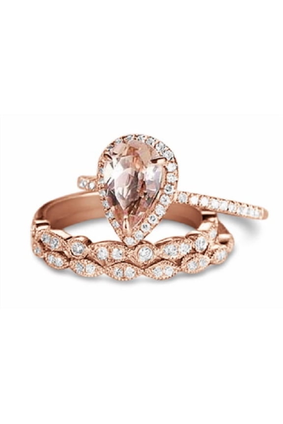 1.75 Carat Pear Cut Lab Created Morganite Art Deco Trio Bridal Set in 18k Rose Gold over Silver