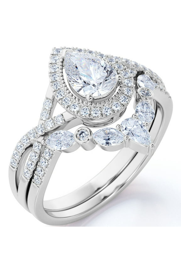 1.75 Carat Pear Cut Moissanite Bohemian Wedding Set - Infinity Engagement Ring with Art Deco Wedding Band in 10k White Gold