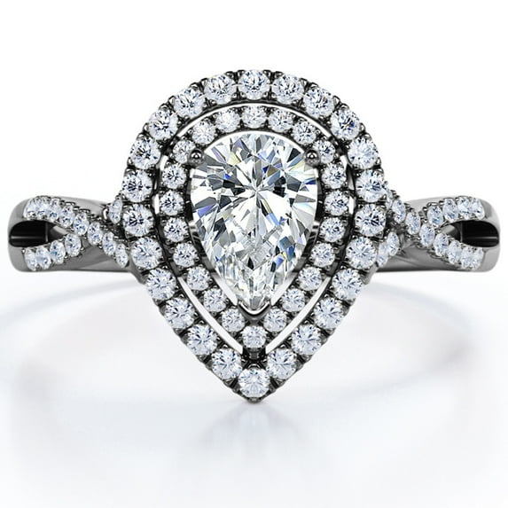 JeenMata 1 Carat Pear Shape Moissanite - Infinity Twisted Shank - Duo Halo Cluster Engagement Ring - 18K Black Gold Plating for Women