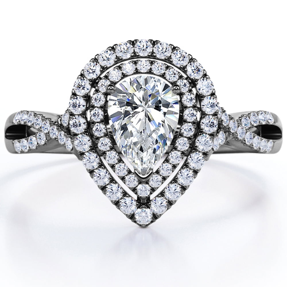JeenMata 1 Carat Pear Shape Moissanite - Infinity Twisted Shank - Duo Halo Cluster Engagement Ring - 18K Black Gold Plating for Women