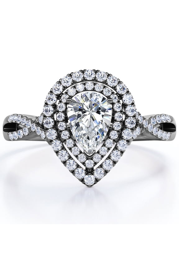 1 Carat Pear Shape Moissanite - Infinity Twisted Shank - Duo Halo Cluster Engagement Ring - 18K Black Gold Plating for Women