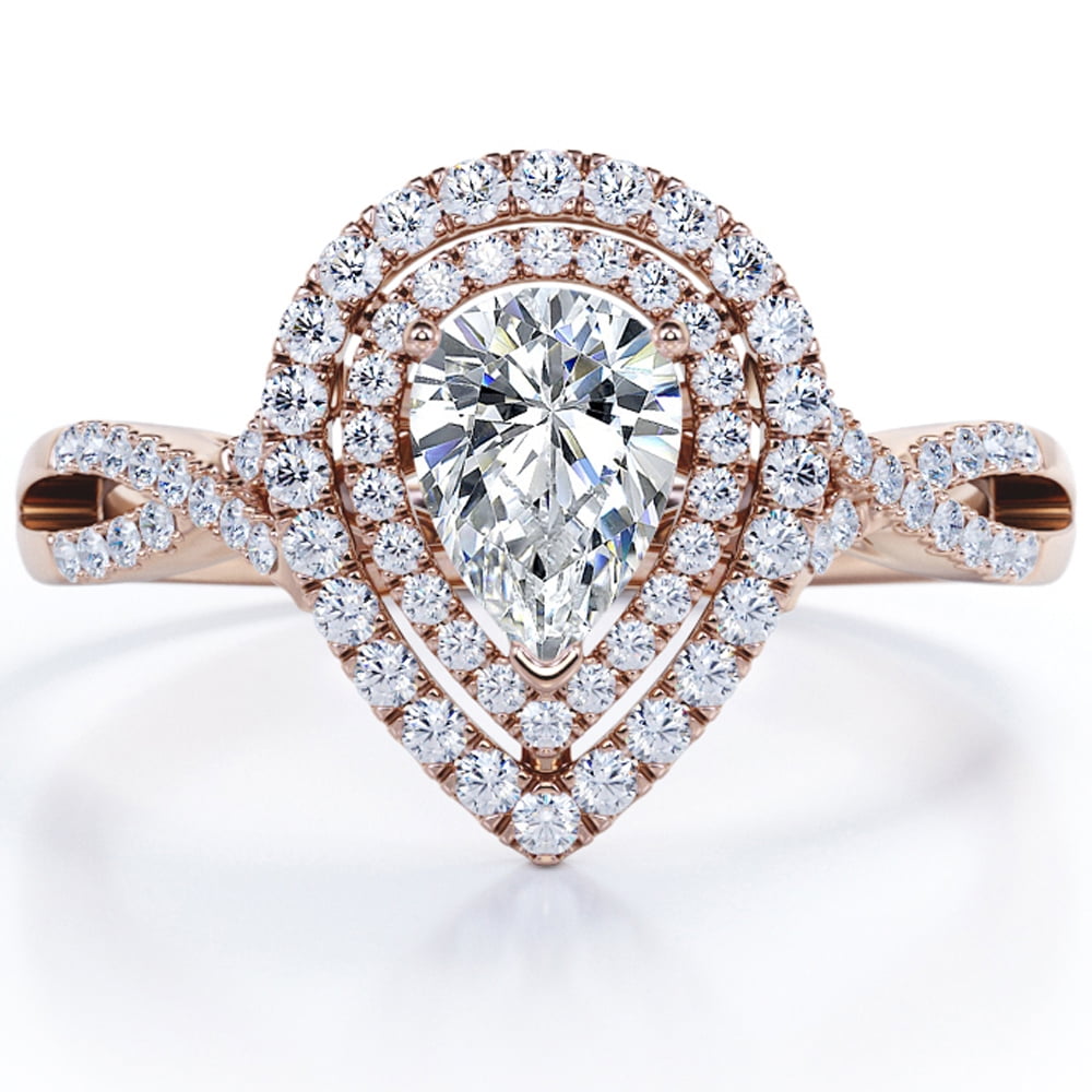 JeenMata 1 Carat Pear Shape Moissanite - Infinity Twisted Shank - Duo Halo Cluster Engagement Ring - 18K Rose Gold Plating for Women